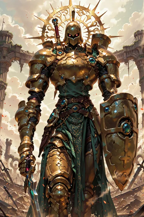 (masterpiece, best quality:1.2), highly detailed, fantasy theme, solo, 1 golem , golden armor, bearer heavy shield and long sword  a  ruins on background, fan art, 