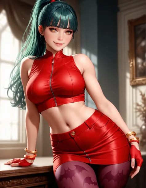 masterpiece, best quality, amazing quality, absurdres, newest, 1girl, solo, MORMVCIALT, green hair, blunt bangs, yellow eyes, high ponytail, red crop top, sleeveless, bangle,fingerless gloves, red pencil skirt, pantyhose, bat print, cowboy shot, smile, vi...