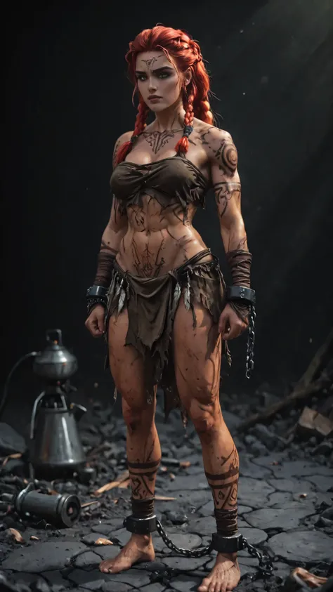 masterpiece, ultra highres, best quality, A defeated powerful female barbarian warrior, hands cuffed together at waist level, tall and muscular with a thick curvy figure, wide hips and strong thighs, standing in a frontal pose with lowered bound hands, ful...