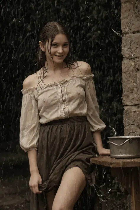 late 19th century American frontier (skinny young girl), gathered her family, sepia tone, faded colors, heavy film grain, scratched and creased edges, soft vignetting, slight blur, high contrast, vintage silver gelatin print style, full‑body view of a sedu...