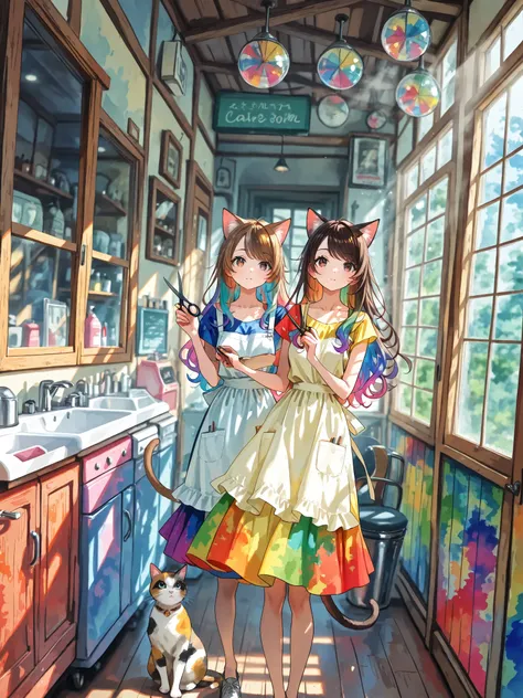 ((( watercolor style-style))),((( watercolor style))),((dutch corner))(masterpiece, best quality), newest, Tent , barber shop {{sign, wooden door frame, glass windows, bright trim, hair salon entrance, glass window, {{sign, sunbeam, barber chair, mirrors, ...