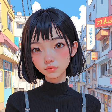 Close up of a woman wearing a black top and tight pants, Written by Kano Naizen, Yoshihiko Wada, looking at the camera with the city in the background landscape, ( looking at the camera with the city in the background ), by Chiho Aoshima, style of looking ...