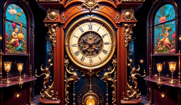Surreal and multicolored image, with light effects, time travel, background with gears in lights, Huge chime made of mahogany wood fully carved with gear details, (((the clock has the hands at 10 HOURS AND ELEVEN MINUTES))), the clock is in a very rich and...