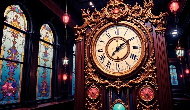 Surreal and multicolored image, with light effects, time travel, background with gears in lights, Huge chime made of mahogany wood fully carved with gear details, (((the clock has the hands at 10 HOURS AND ELEVEN MINUTES))), the clock is in a very rich and...