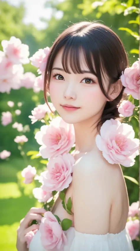 white森of中で 、 淡いピンクof花 , very light pink flowers in the white forest, white、 Eye Catching 、cute woman, beautiful scenery、of 、Wallpaper、amazing background、 everything is in harmony 、pastel color、Pale Color