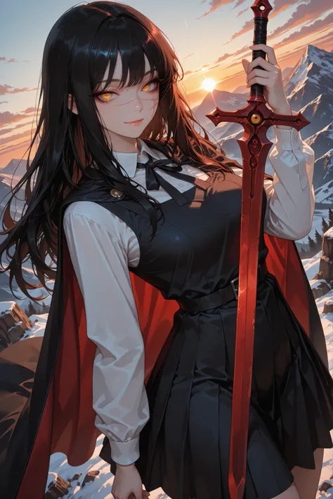 1 girl, yoru, scar on cheek, cross scar, long hair, black hair, yellow / red eyes, ringed eyes , pretty eyes , detailed eyes, long eyelashes, beautiful eyes, beautiful face, beautiful hair, medium breasts, school uniform, black dress, pinafore dress, sleev...