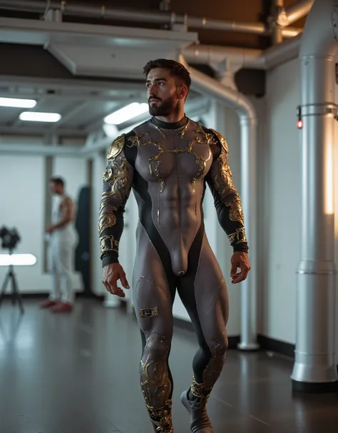 (bearded man, walking in a space port wearing a space bodysuit , the spacesuite is tight showing his muscular physique , the fabric of this bodysuit is a thin grey metalic nanomaterial with golden and white colors, the fabric is so thin and tight that show...