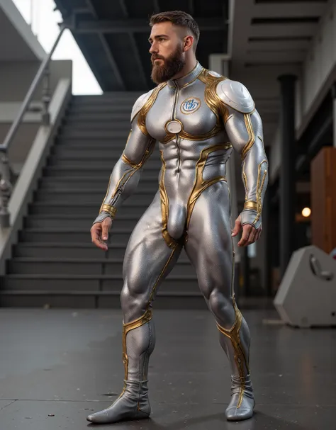 (bearded man, walking in a space port wearing a space bodysuit , the spacesuite is tight showing his muscular physique , the fabric of this bodysuit is a thin grey metalic nanomaterial with golden and white colors, the fabric is so thin and tight that show...