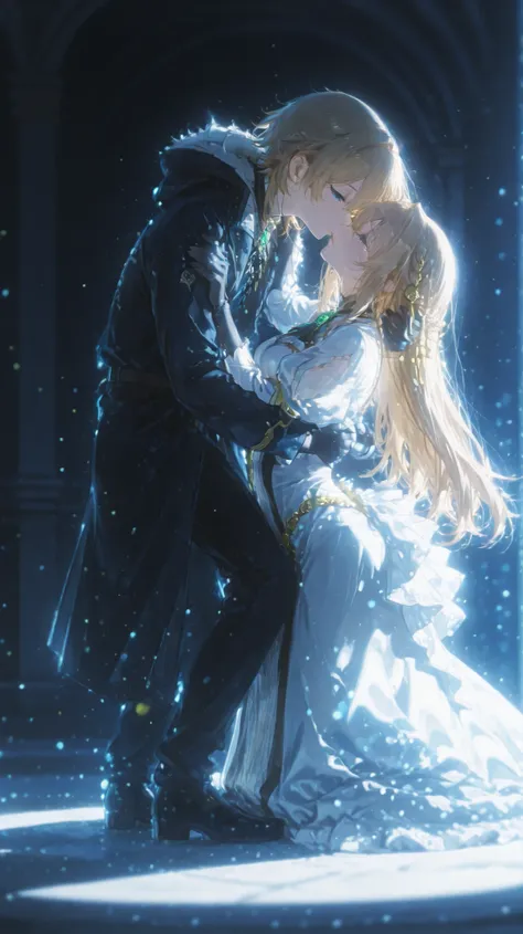 キスクローズアップ、Create a 4-panel manga in Kyoto Animation style, top-down layout, black borders, cinematic soft lighting, watercolor texture, 🩵cyan-pink🩷, 🤍white-purple💜 auroras, sacred garden with golden flowers. Depict Violet Evergarden and Gilbert Bougainvill...