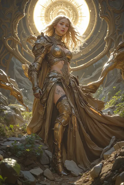 High Quality,Detailed Illustration,A curvaceous female knight,with orange eyes,with hair hanging to the sun,Tattoo,Waist trim,Wearing a dress and leggings,In a beautifully painted oil painting scene,Natural Light,soft tones,grace,Realistic,high resolution,...