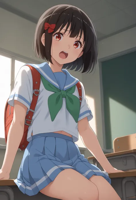 ((((masterpiece)))), top quality, 1 girl, solo,kanade hisaishi, short hair, Bang, black hair, Red Eyes, bow, hair bow, red bow, Mid-chest,skirt, shirt, school uniform, white shirt, Short sleeve, pleated skirt, sailor suit, sailor collar, blue skirt, necker...