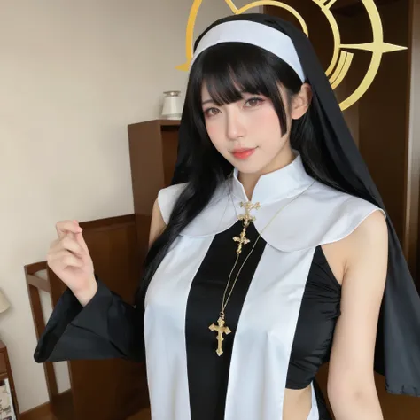 cosplayer, An Asian woman ,uma garota,pelvic curtain,roupas reveladoras,decote,(azur lane,gurami \(zangizarang\),relentless \(azur lane\):0.8),looking at the spectator,white chifres,cowboy shot,black shezfe,ombros nus,cabelo loiro,shezfe,seios enormes,le...