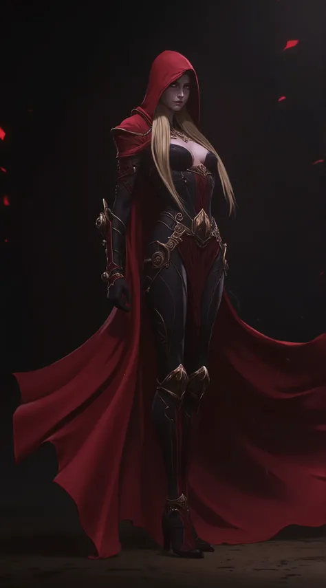 assassin's creed era, assassin's creed hood, woman,, dark and mysterious, intense., best composition, riding hood, blonde hair, very long hair, red eyes, black corset, red hood, from above, hoodie coversing up her whole face , full body image, anime , full...