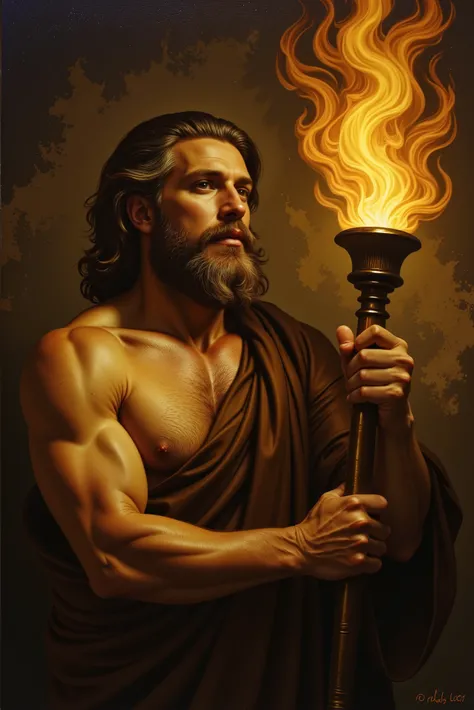 Prometheus is depicted in a realistic style as a mythological titan with a determined expression, tanned skin, and defined muscles, with long, shaggy hair and a thick beard. He holds tightly a flaming torch, with intense fire in shades of orange and red il...