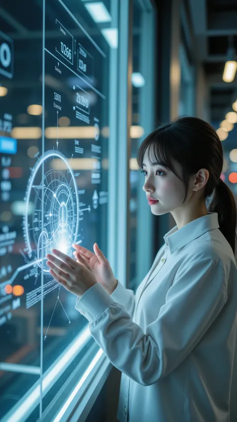 best quality, top quality, masterpiece, (top qualityのGloss黒いタイトなサイバースーツを着たテクノオペレーターの女性)、is connecting neural links to a floating energy tower mainframe console, younger, Babyface, Gloss, The entire city shines on a layer of glass、AI light is illuminated, V...