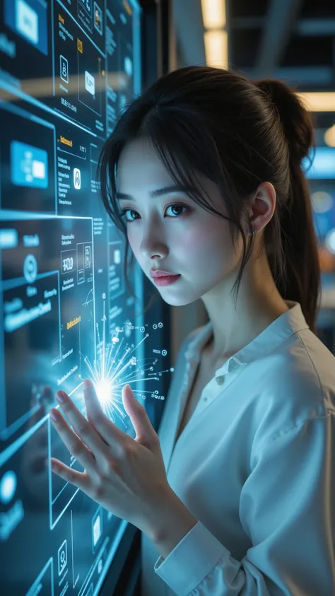 best quality, top quality, masterpiece, (top qualityのGloss黒いタイトなサイバースーツを着たテクノオペレーターの女性)、is connecting neural links to a floating energy tower mainframe console, younger, Babyface, Gloss, The entire city shines on a layer of glass、AI light is illuminated, V...