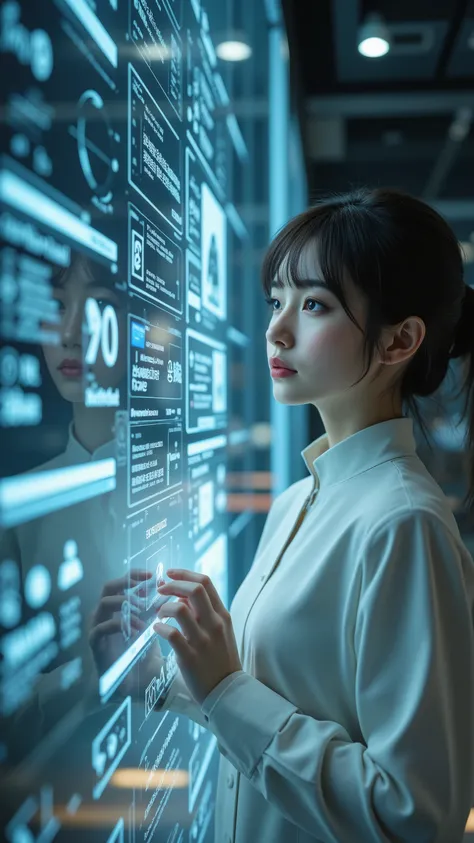 best quality, top quality, masterpiece, (top qualityのGloss黒いタイトなサイバースーツを着たテクノオペレーターの女性)、is connecting neural links to a floating energy tower mainframe console, younger, Babyface, Gloss, The entire city shines on a layer of glass、AI light is illuminated, V...