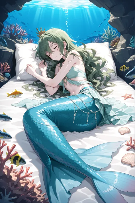 masterpiece, beautiful mermaid, Keira Knightley, pale bluish skin, green_hair, wavy hair, Ancient Greek clothing, wet aqua dress,  seashell crown and jewelry, sleeping in a bed made out of coral, underwater, fish