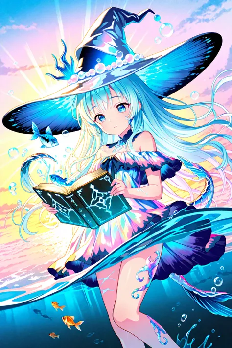 anime style, beautiful sea witch, drifting half-asleep just beneath the ocean surface, sunlight streaming through gentle waves above, partially submerged magical hat, iridescent scales on skin, hair flowing weightlessly, dreamlike transparent ribbons swirling around, holding ancient spellbook with water runes, playful small fish and bubbles, soft pastel color scheme, ultra high resolution, enchanting and mysterious
