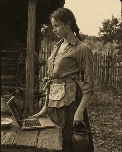 Main subject: modern young adult woman holding a MacBook (sharp modern laptop emphasized and sub monitor), casual outfit with subtle frontier touches (faded kerchief, light apron edge), slightly sheer work-style unbuttoned blouse with rolled-up sleeves and...