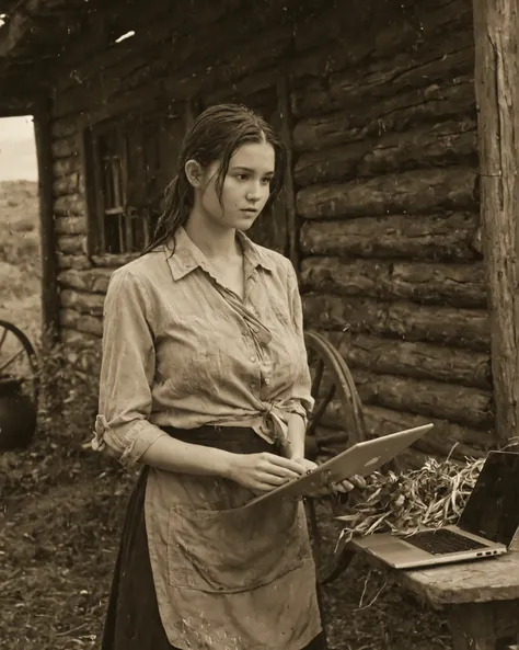 Main subject: modern young adult woman holding a MacBook (sharp modern laptop emphasized and sub monitor), casual outfit with subtle frontier touches (faded kerchief, light apron edge), slightly sheer work-style unbuttoned blouse with rolled-up sleeves and...