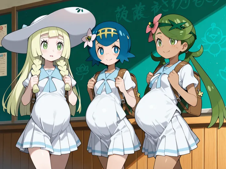 masterpiece, Highest Quality, great quality、(((3 girls)))、3 girls(Water Lily:Lillie:Mao) 、(Water Lily: lana, blue eyes, blue hair, freckles, hairband, short hair, white pupils, yellow hairband, bright pupils,)、(Lillie:long hair、 Gold、sun hat、white hat、Twin...