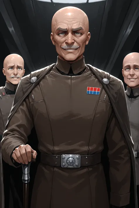 Masterpiece, 1male, elderly, Star Wars, round face, grey eyes, bald, bushy eyebrows, sloped nose, small mustache, Imperial officer uniform, smiling, holding gentleman’s cane, cape, standing, upper body shot, Bleach art style,
