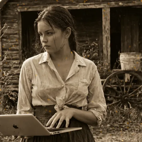 Main subject: modern young adult woman holding a MacBook (sharp modern laptop emphasized) and ((sub-monitor)), casual outfit with subtle frontier touches (faded kerchief, light apron edge), slightly sheer work-style unbuttoned blouse with rolled-up sleeves...