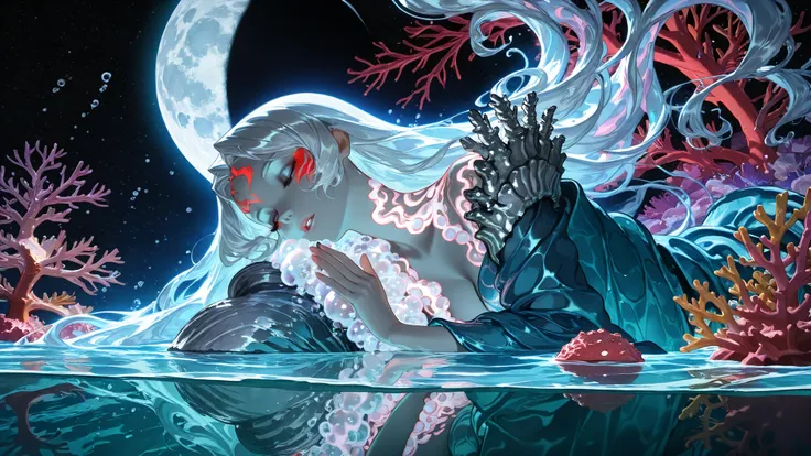 (sleeping siren:1.3), (ethereal glow:1.2), submerged in abyssal depths, (coral throne encrusted with moon pearls:1.4), bioluminescent scales, flowing hair like liquid silver, (ancient shipwrecks floating in dream bubbles:1.3), schools of neon jellyfish, (t...