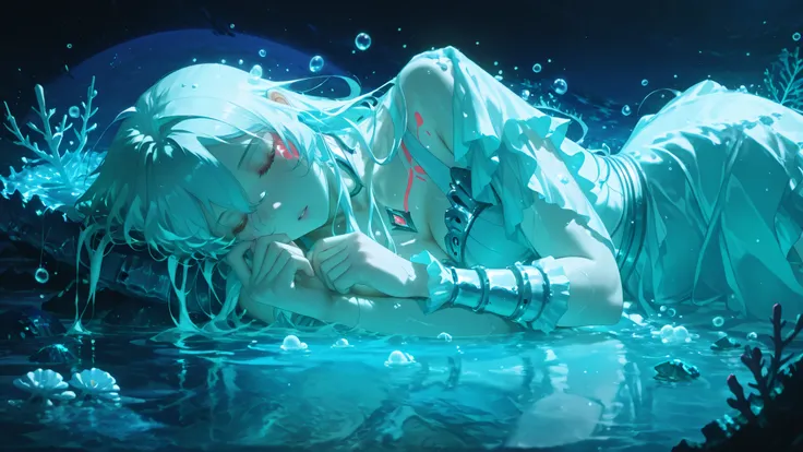(sleeping siren:1.3), (ethereal glow:1.2), submerged in abyssal depths, (coral throne encrusted with moon pearls:1.4), bioluminescent scales, flowing hair like liquid silver, (ancient shipwrecks floating in dream bubbles:1.3), schools of neon jellyfish, (t...