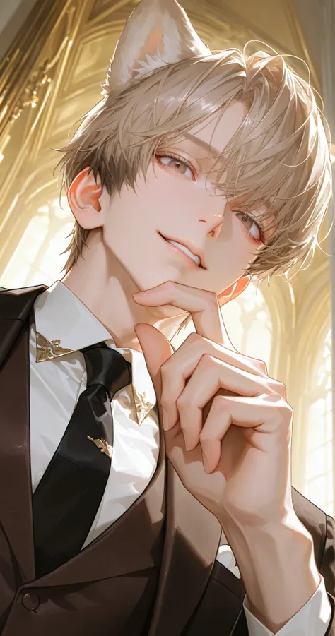 1 male, perfect eye, Impressionist painting style, realistic skin, semi-realism detail, very detailed, Realistic Hair, Realistic Details, 8k, beautiful masterpiece,Brown butler clothes,WHITE SHIRT, black tie, short hair,light brown fluffy hair , split ban...