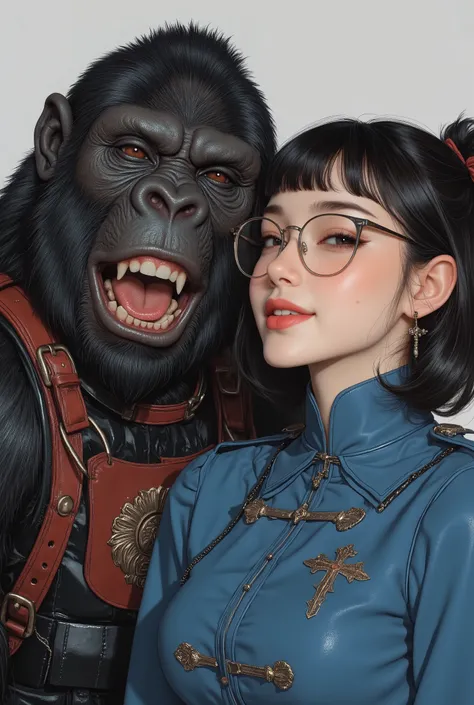 selfie、Oriental beauty with bangs and short black bob wearing stylish glasses and a gorilla are looking at us with a smile、wearing a blue rococo combat uniform