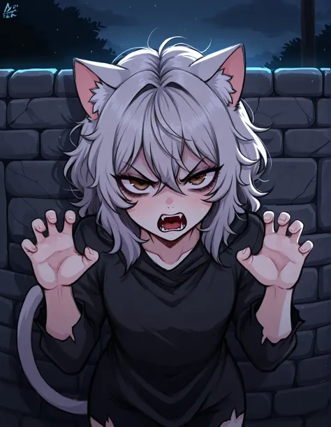 Aer0 Zer0 Style, ΛΞR0 ZΞR0,, 1girl, petite, (skinny and frail:0.7), cat girl, against wall, stone wall, brown eyes,looking at viewer, grey hair, medium hair, messy hair, angry, (scared:0.4), (open mouth:0.5), fangs, hands up, (tearing up:0.5), tail raised,...