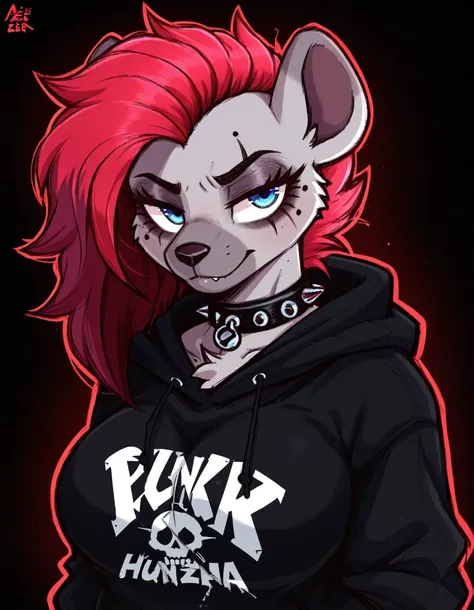 Aer0 Zer0 Style, ΛΞR0 ZΞR0,, 1girl, solo, anthro hyena, furry, furry female, blue eyes, punk, grey fur, black hoodie, breast, spike collar, red hair,