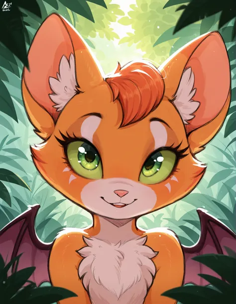 Aer0 Zer0 Style, ΛΞR0 ZΞR0,, masterpiece, best quality, very aesthetic, (1girl:0.7),, (solo:1.3), furry, fidget \(elysian tail\), nimbat, fidget_daet, anthro, furry female, wings, tail, green eyes, colored sclera, bat wings, facial markings, orange fur, wh...