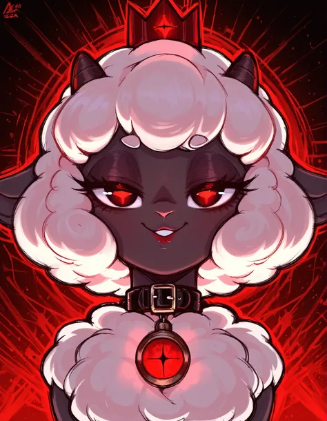 Aer0 Zer0 Style, ΛΞR0 ZΞR0,, masterpiece, best quality, very aesthetic, 1girl, solo, cult of the lamb, sheep girl, collar, horizontal pupils, red/black eyes, red crown,