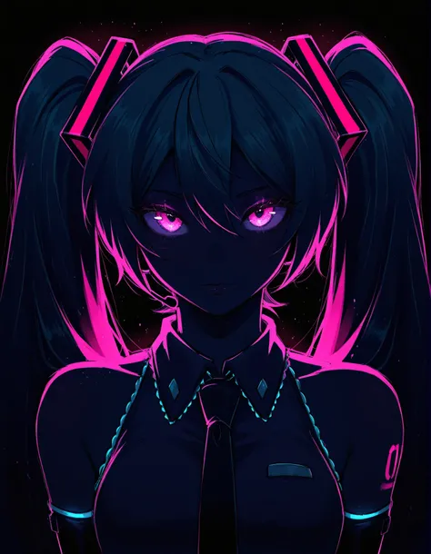 Aer0 Zer0 Style, ΛΞR0 ZΞR0,, Hatsune Miku,limited palette,black background,colorful,vibrant,glowing outline,neon,blacklight,looking at viewer, masterpiece, very aesthetic,