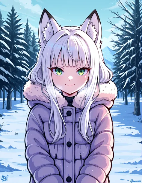 Aer0 Zer0 Style, ΛΞR0 ZΞR0,, anime, solo, BREAK, young fox girl, skinny and frail, (petite,cute:0.5), green eyes, looking at viewer, long hair, white hair, smile, winter clothes, outdoors, winter,