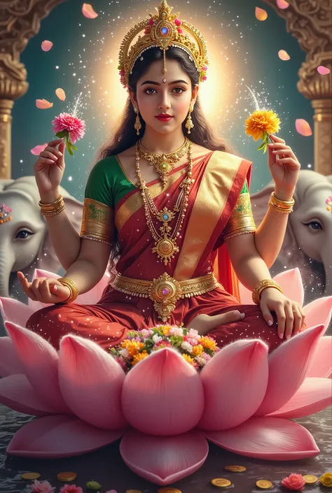 Divine portrait of Goddess Lakshmi in traditional Hindu iconography, seated gracefully on pink lotus throne, four arms holding sacred symbols - golden lotus flowers, coins showering prosperity, elegant red and gold silk saree with intricate embroidery, pre...