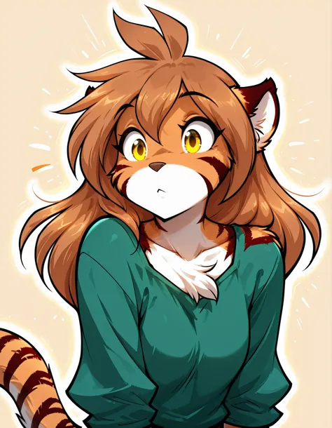 CuteToon_ST,, masterpiece, best quality, very aesthetic, 1girl,, furry, solo, flora-twokinds, flora_twokinds,, tiger, striped fur, keidran, yellow eyes, anthro,, green shirt