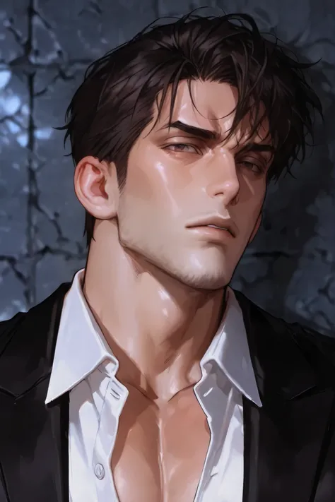handsome adult male with head hit, A man in his 40s , Mature impression , Black Suit Jacket, Gangster , dark concrete wall background, close-up of the face , Unbuttoned shirt, Sexy cool guy, Solo