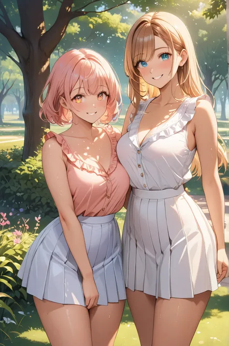 (High quality, High resolution, Fine details), sunlit park, natural light, Two women, sleeveless frilled blouses in soft pastel color, white pleated skirt, standing, show armpit, Two, curvy adult women, sparkling eyes, (Detailed eyes:1.2), smile, blush, (S...