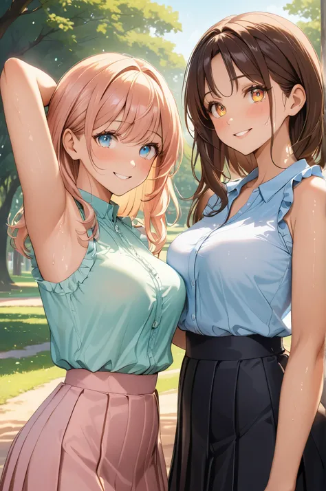 (High quality, High resolution, Fine details), sunlit park, natural light, Two women, sleeveless frilled blouses in soft pastel color, black pleated skirt, standing, show armpit, Two, curvy adult women, sparkling eyes, (Detailed eyes:1.2), smile, blush, (S...