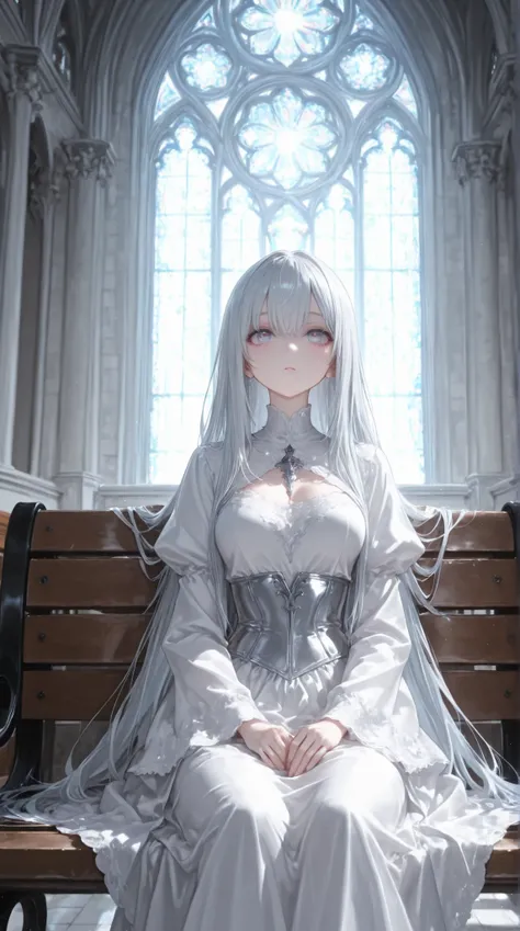 １girl with long hair,super long hair with very long silver hair,Front view,, my clothes are mysterious and beautiful white,staring at me、Front of face、Face Up、I'm sitting on a church bench