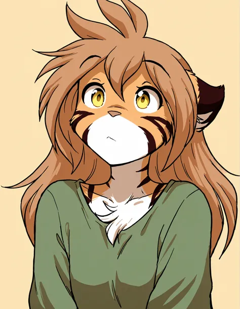 ,, masterpiece, best quality, very aesthetic, 1girl,, furry, solo, flora-twokinds, flora_twokinds,, tiger, striped fur, keidran, yellow eyes, anthro,, green shirt