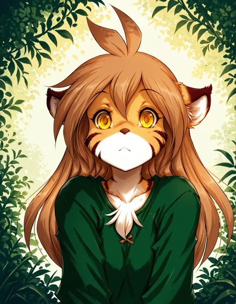 Hitomaru,, masterpiece, best quality, very aesthetic, 1girl,, furry, solo, flora-twokinds, flora_twokinds,, tiger, striped fur, keidran, yellow eyes, anthro,, green shirt