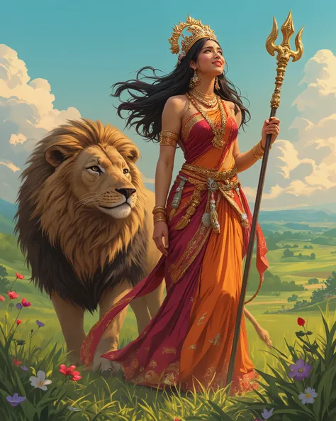 Extremely beautiful woman in her 30's, fair skin tone, long black hair ((black)) flowing in the wind, wearing red and orange saree with red blouse, golden embroidered saree and blouse. Adorned with bridal jewellery and a flower garland, her beauty is ampli...