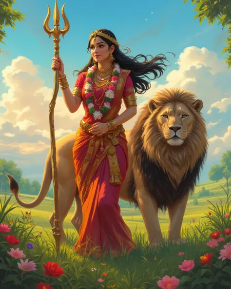 Extremely beautiful woman in her 30's, fair skin tone, long black hair ((black)) flowing in the wind, wearing red and orange saree with red blouse, golden embroidered saree and blouse. Adorned with bridal jewellery and a flower garland, her beauty is ampli...