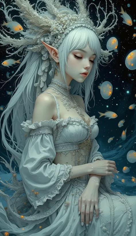 (A fusion of Ukiyo-e and dark fantasy. Aesthetic and gothic digital art. Draw a detailed face. Look away.) BREAK
(White hair. Blunt bangs. White eyebrows. Long white eyelashes. Almond-shaped eyes. Thick, dark eyeliner. Small pink lips. Slightly pointed ea...