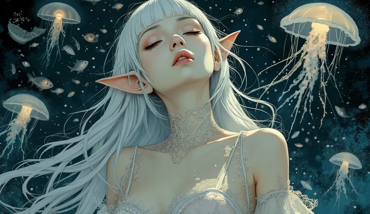 (A fusion of Ukiyo-e and dark fantasy. Aesthetic and gothic digital art. Draw a detailed face. Look away.) BREAK (White hair. Blunt bangs. White eyebrows. Long white eyelashes. Almond-shaped eyes. Thick, dark eyeliner. Small pink lips. Slightly pointed ear...